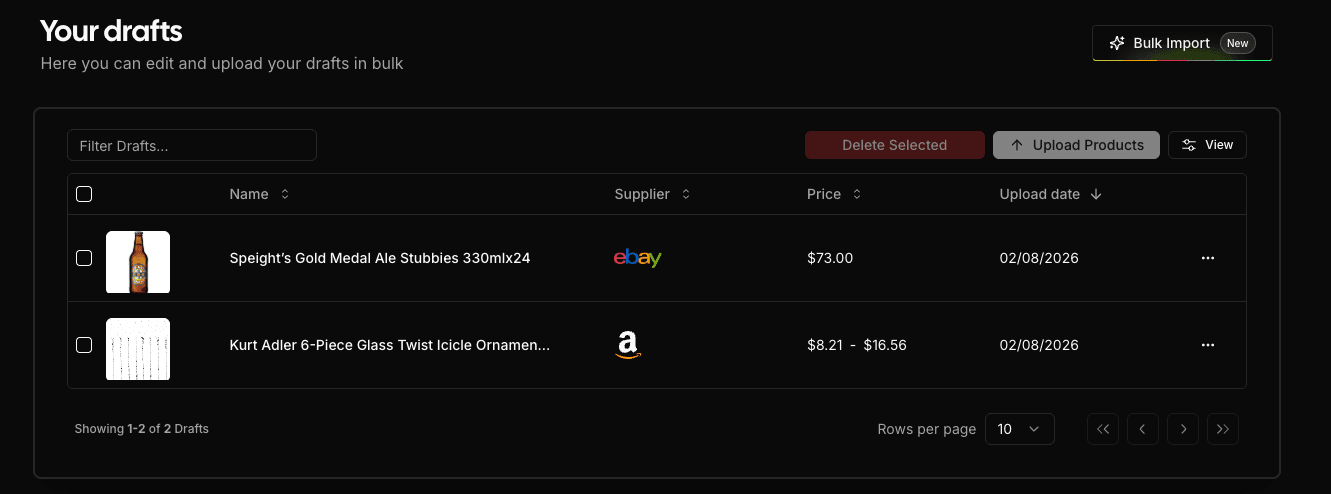 Drafts Page with Imported Products