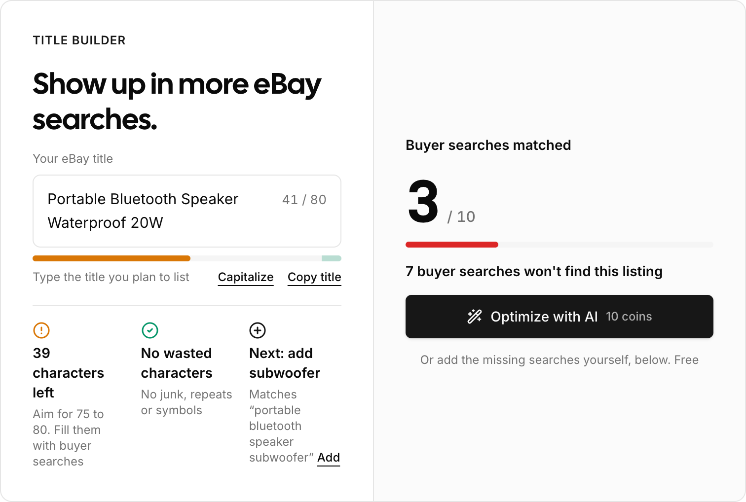 The SuperDS Title Builder showing how many buyer searches a title matches