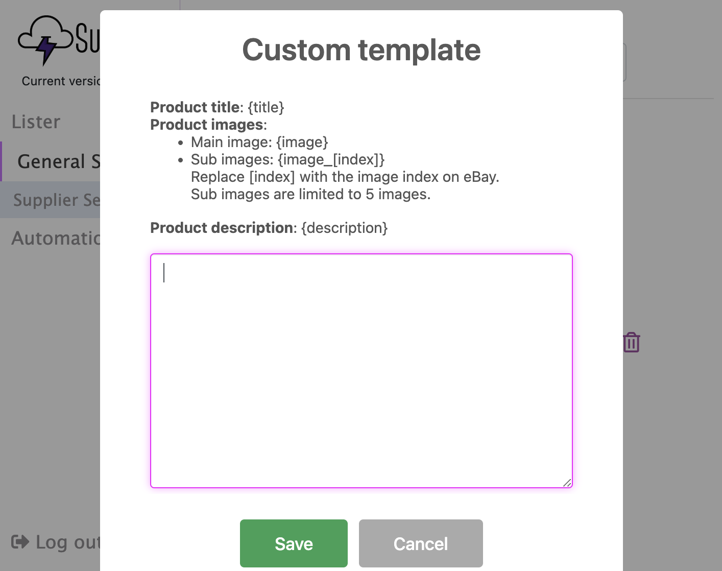 Custom Template Modal Placeholder