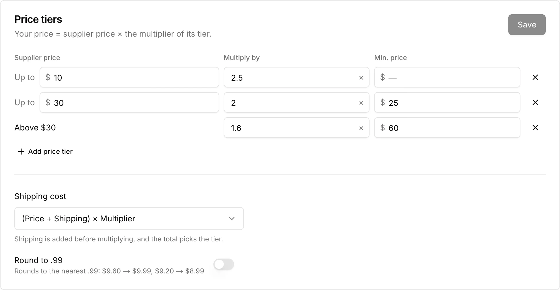 Price tiers with multipliers and minimum prices